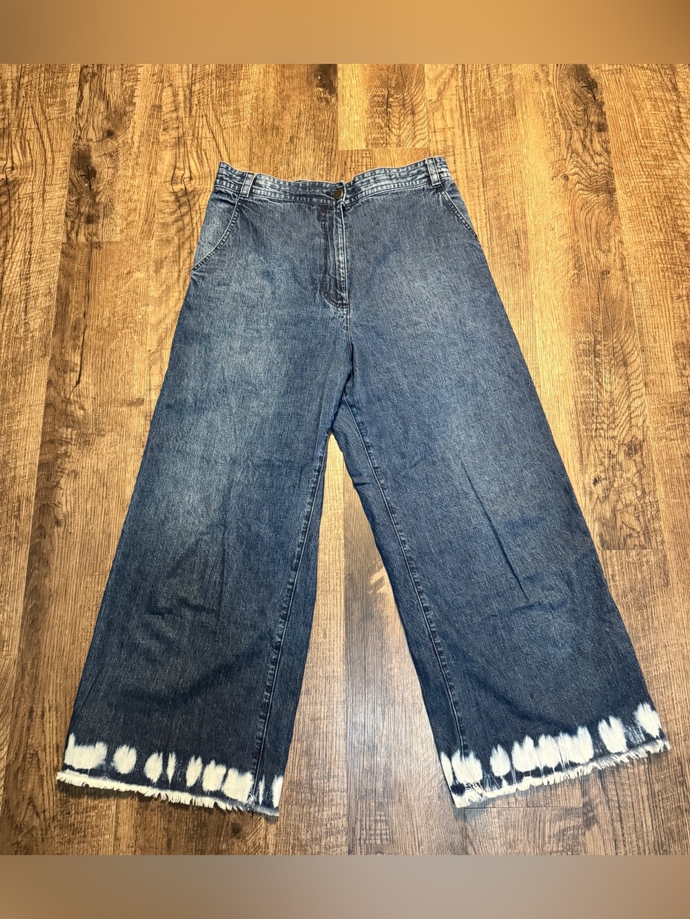 Rachel Comey Dark Blue Wide-Leg Jeans with White Tie-Dye Hem